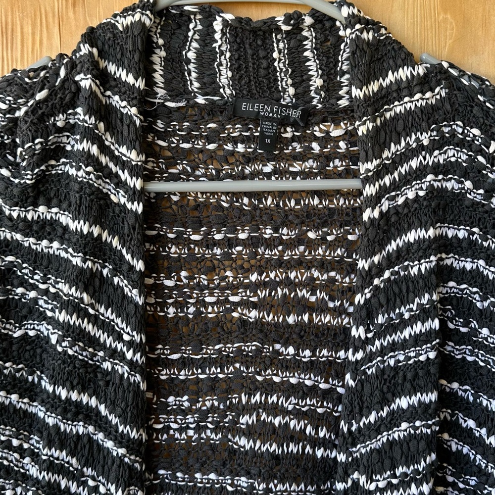 Eileen Fisher Cotton Black and White knit Open Front Cardigan - Picture 6 of 10